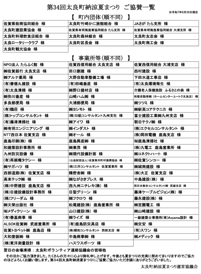 第34回太良町納涼夏まつり ご協賛一覧 第34回太良町納涼夏まつり ご協賛一覧