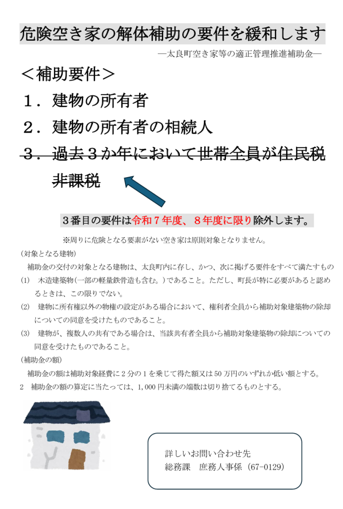 危険空き家の解体補助の要件を緩和します 危険空き家の解体補助の要件を緩和します