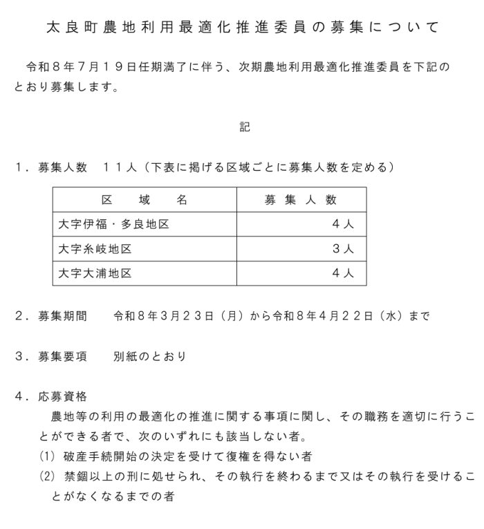 太良町農地利用最適化推進委員の募集について 太良町農地利用最適化推進委員の募集について