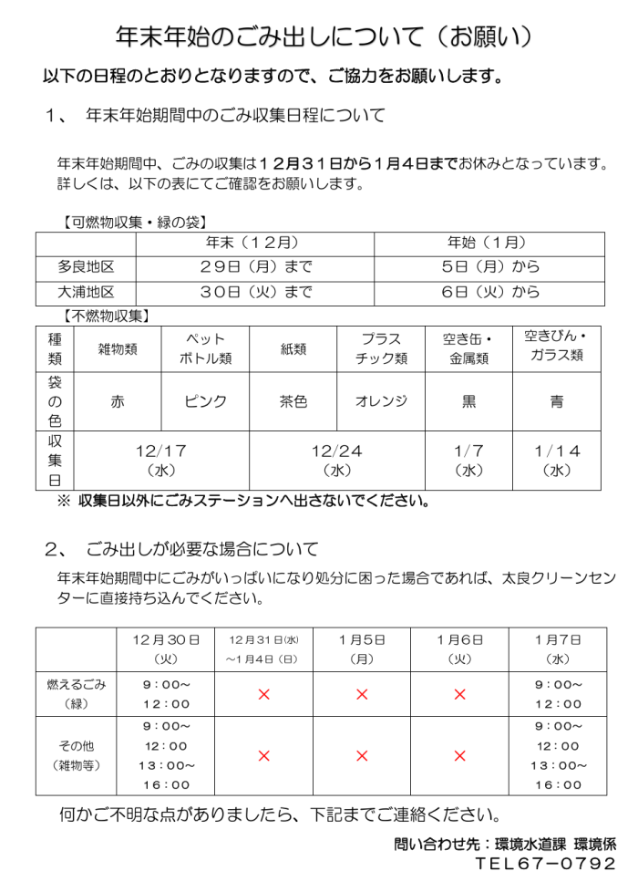 年末年始のごみ出しについて(お願い) 年末年始のごみ出しについて(お願い)