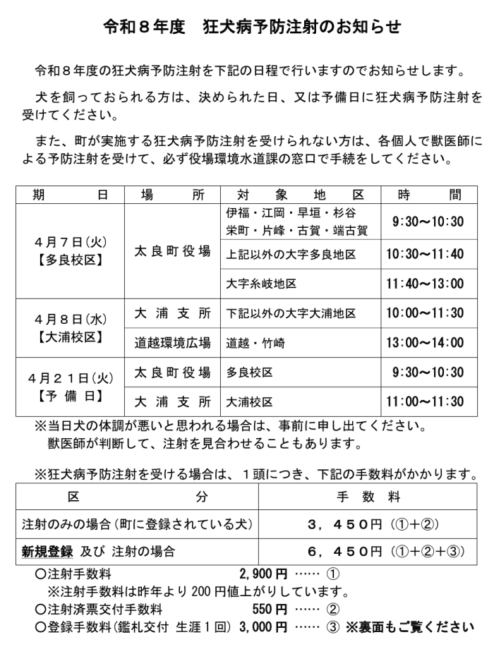 令和８年度 狂犬病予防注射のお知らせ